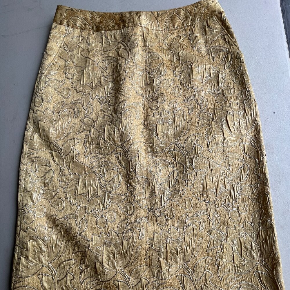 Vintage Perry Ellis Skirt 10P Gold Floral Jacquard Pockets Lined Office Siren - Picture 2 of 14